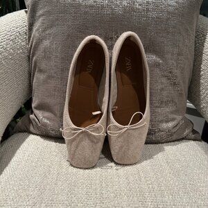 Zara Oatmeal Beige & Grey Felt Ballet Flats | Square Toe | Size 37 / US 6.5